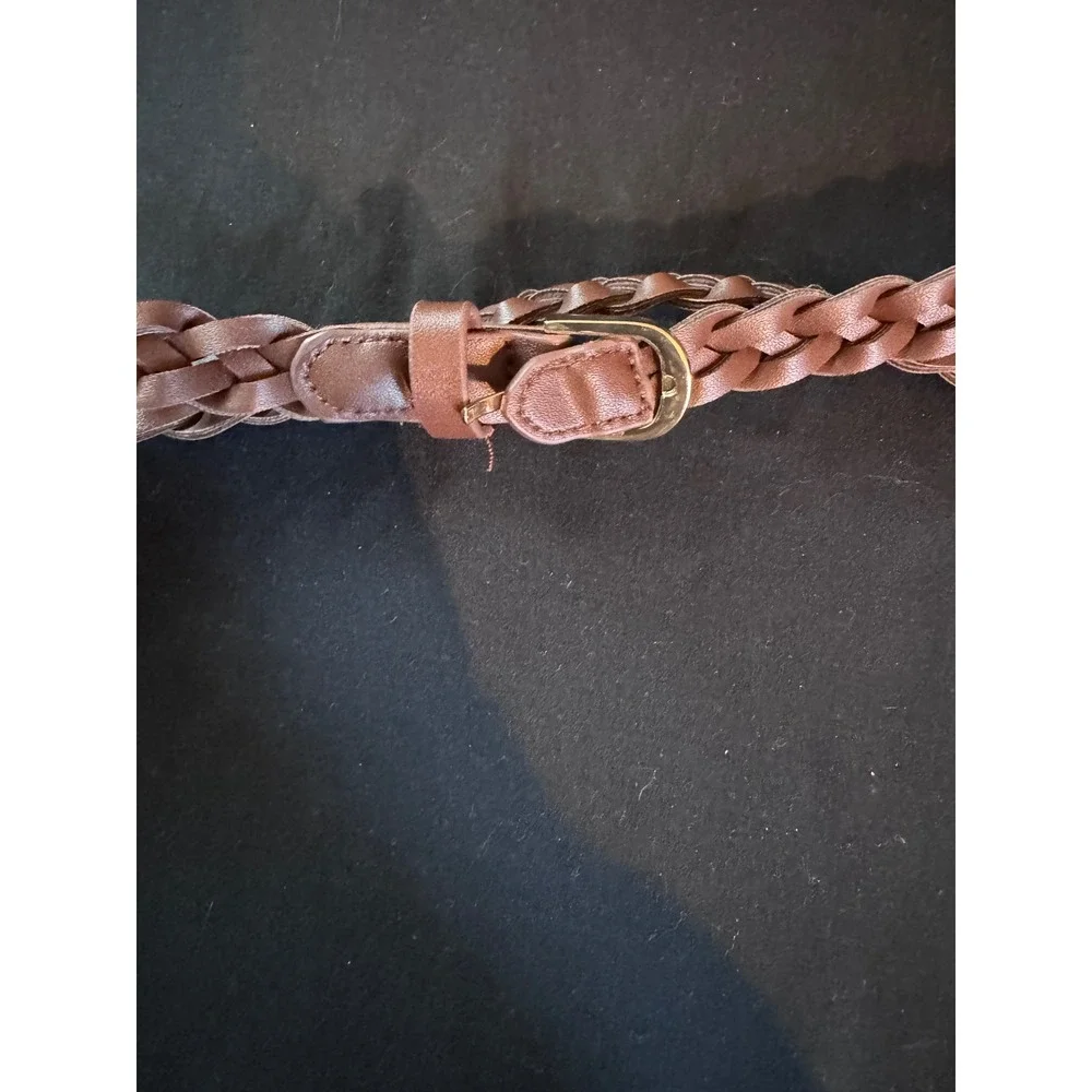 HM Brown Braided Faux Leather Skinny Belt Gold‎ Buckle 202825 Boho  37 Inch